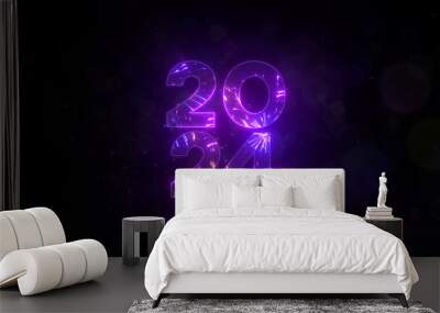 Festive fireworks show, firecrackers in the night sky. Happy celebration, joy and fun atmosphere. New Year's Eve 2024. Creative Christmas background. 3d rendering Wall mural